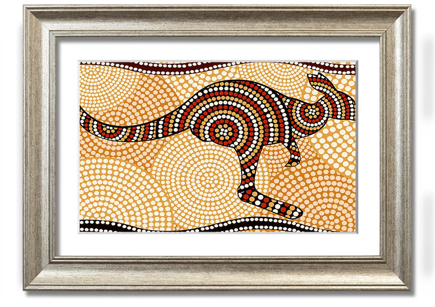 Framed Aboriginal Kangaroo 4 print showcasing vibrant colors and intricate designs, ready to hang.