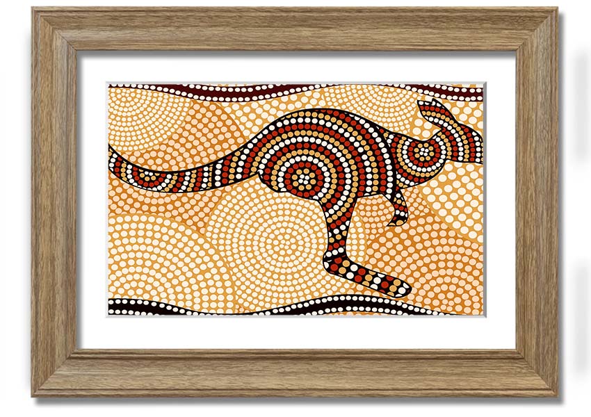 Framed Aboriginal Kangaroo 4 print showcasing vibrant colors and intricate designs, ready to hang.