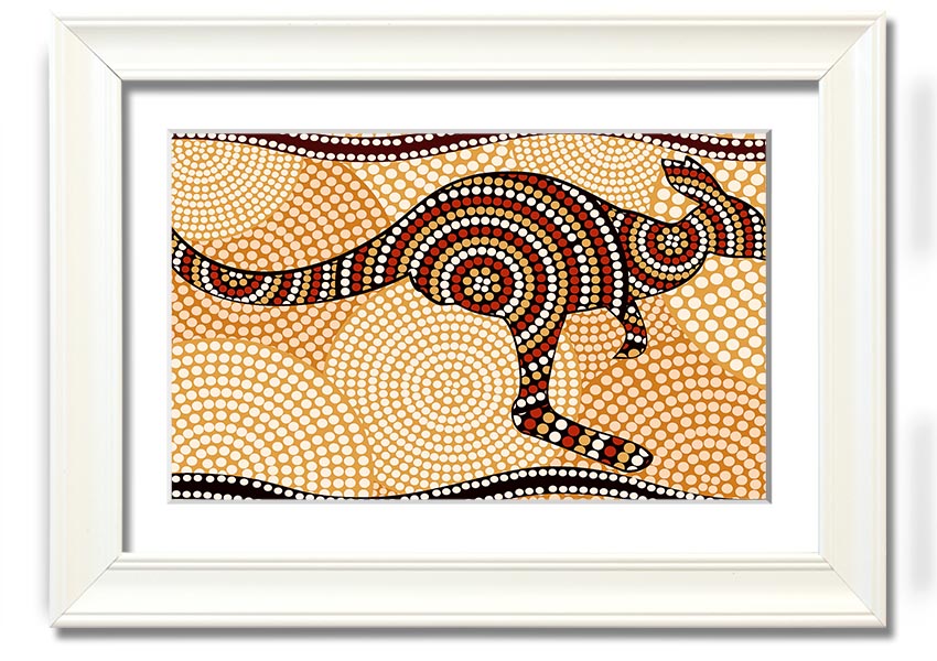 Framed Aboriginal Kangaroo 4 print showcasing vibrant colors and intricate designs, ready to hang.