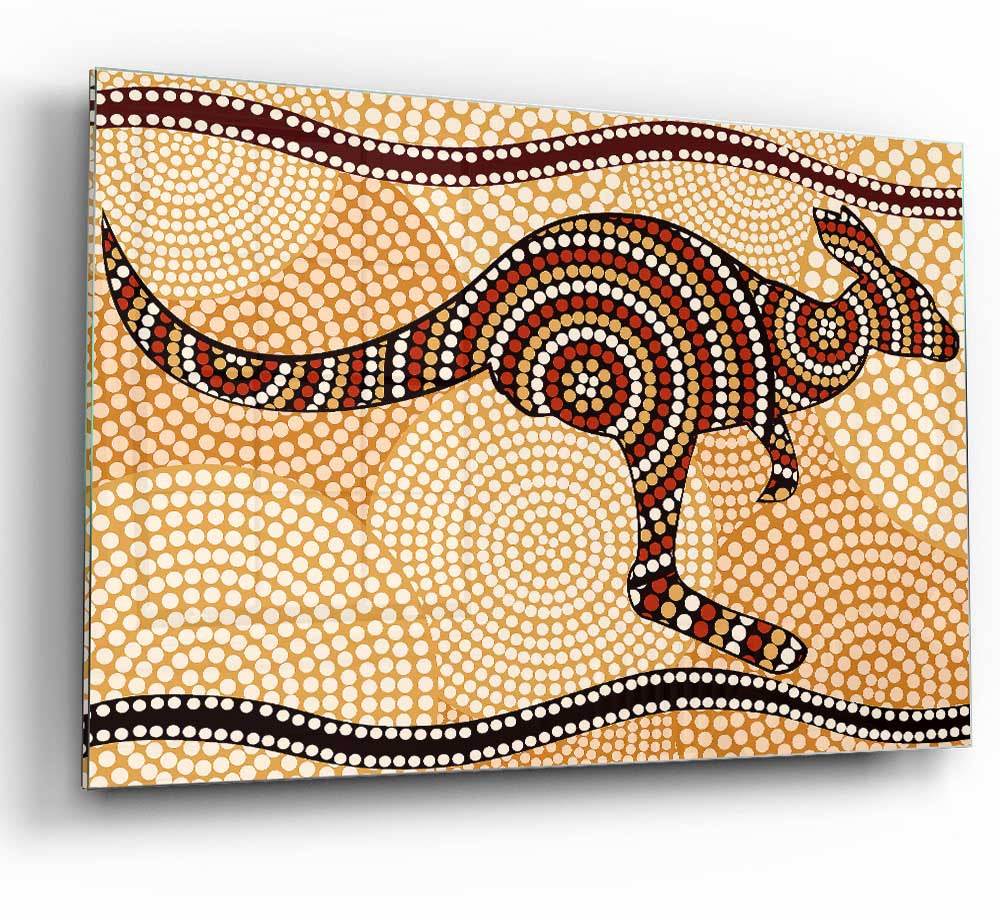 Aboriginal Kangaroo 4 glass print featuring a modern design with vibrant colors and intricate details, perfect for home decor.