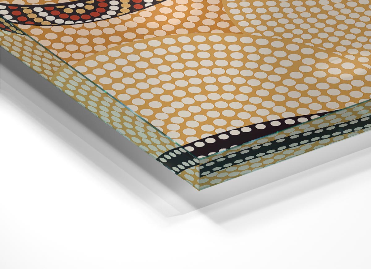 Aboriginal Kangaroo 4 glass print featuring a modern design with vibrant colors and intricate details, perfect for home decor.