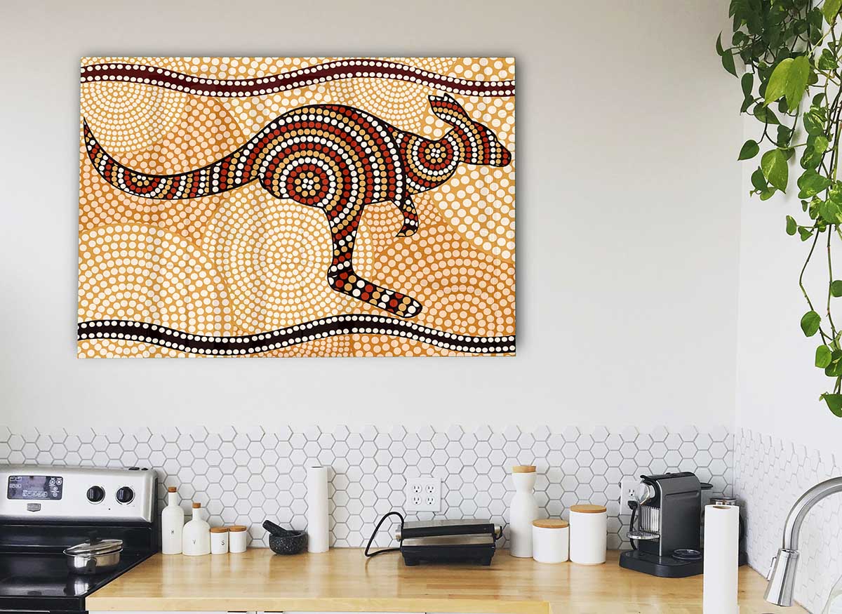 Aboriginal Kangaroo 4 glass print featuring a modern design with vibrant colors and intricate details, perfect for home decor.