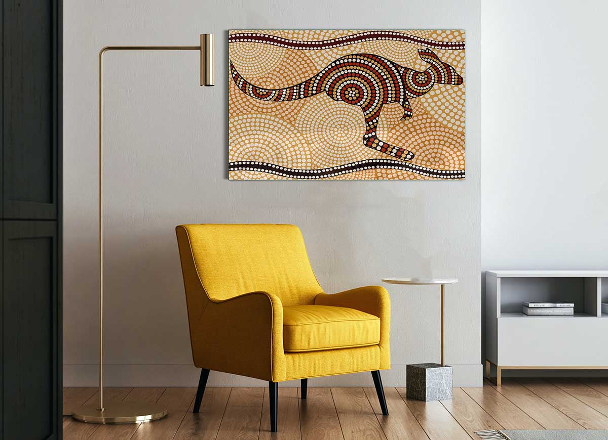 Aboriginal Kangaroo 4 glass print featuring a modern design with vibrant colors and intricate details, perfect for home decor.