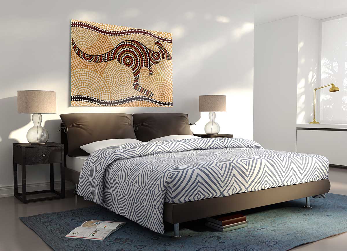 Aboriginal Kangaroo 4 glass print featuring a modern design with vibrant colors and intricate details, perfect for home decor.