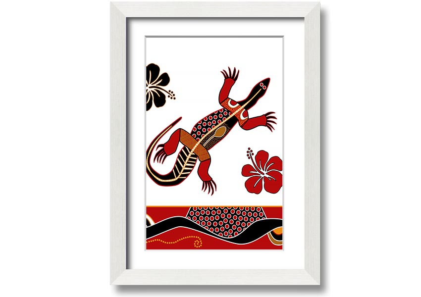 Framed Aboriginal Lizard 1 print showcasing vibrant colors and intricate designs, ready to hang.