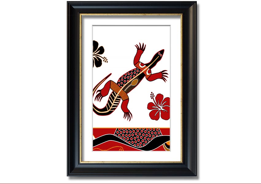 Framed Aboriginal Lizard 1 print showcasing vibrant colors and intricate designs, ready to hang.