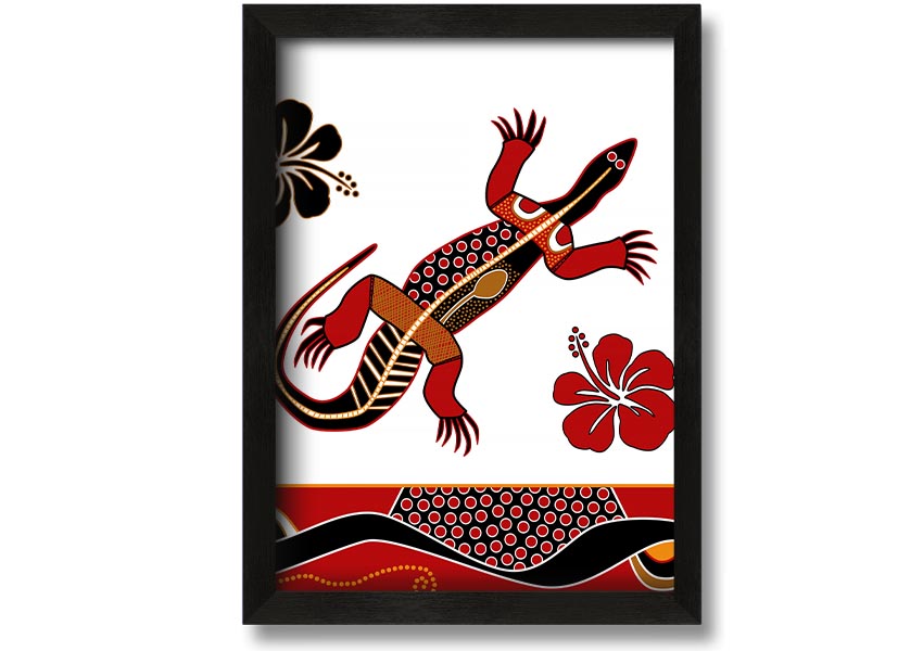 Framed Aboriginal Lizard 1 print showcasing vibrant colors and intricate designs, ready to hang.