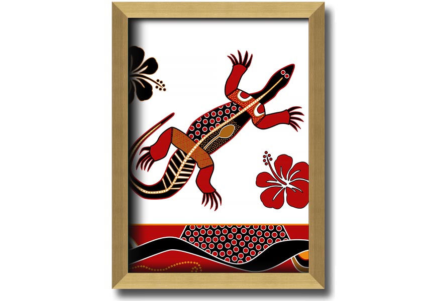 Framed Aboriginal Lizard 1 print showcasing vibrant colors and intricate designs, ready to hang.