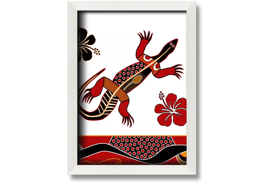 Framed Aboriginal Lizard 1 print showcasing vibrant colors and intricate designs, ready to hang.