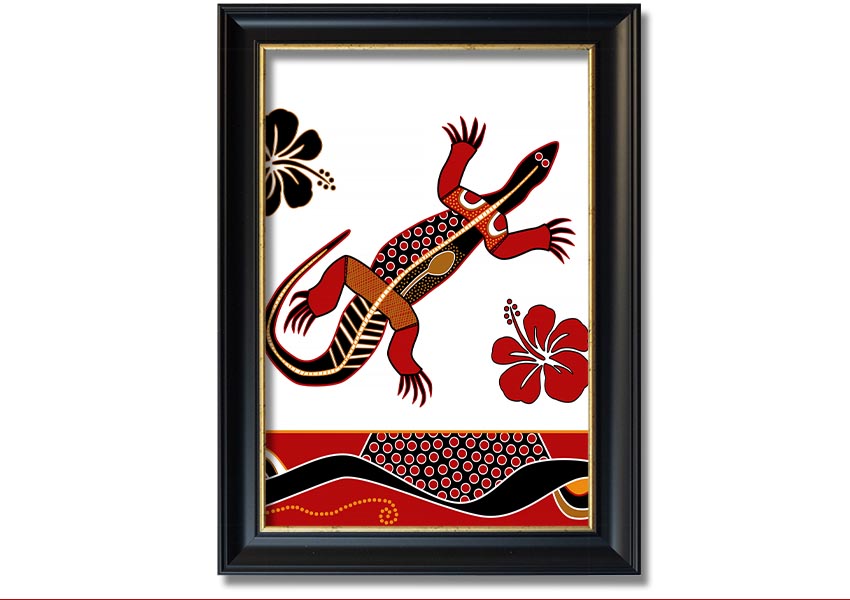 Framed Aboriginal Lizard 1 print showcasing vibrant colors and intricate designs, ready to hang.