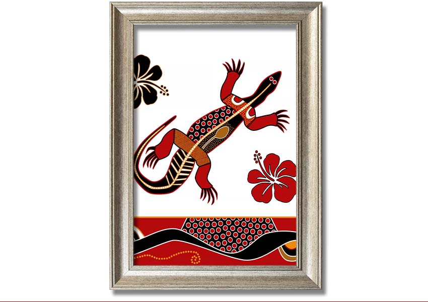 Framed Aboriginal Lizard 1 print showcasing vibrant colors and intricate designs, ready to hang.