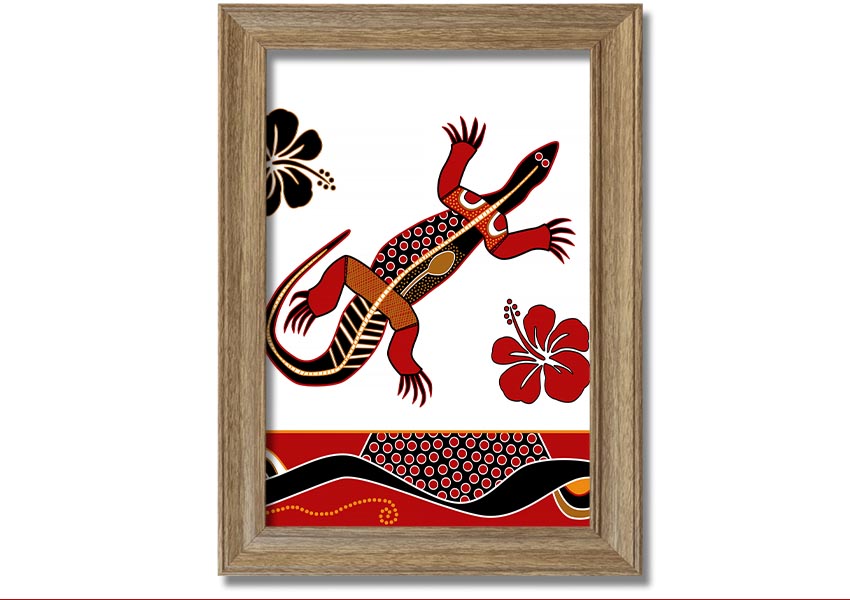 Framed Aboriginal Lizard 1 print showcasing vibrant colors and intricate designs, ready to hang.