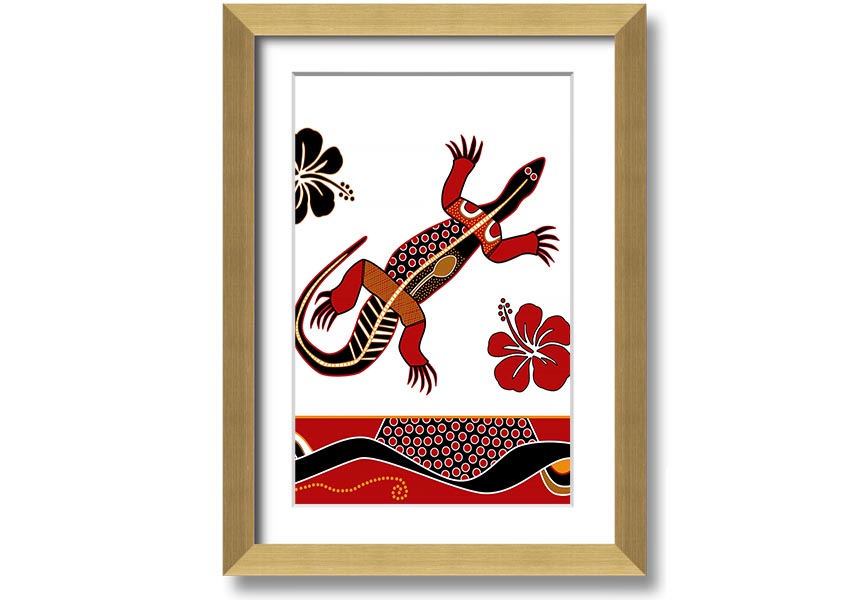 Framed Aboriginal Lizard 1 print showcasing vibrant colors and intricate designs, ready to hang.