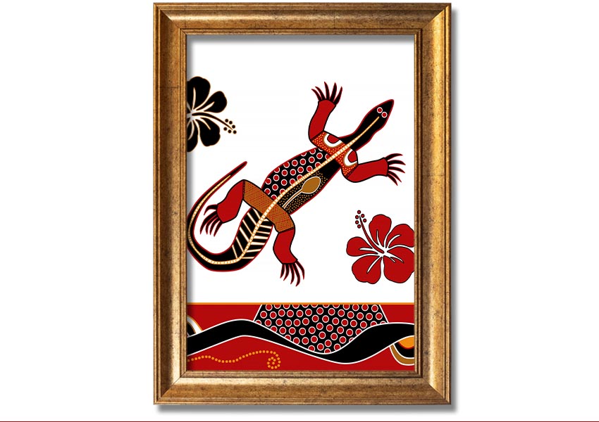 Framed Aboriginal Lizard 1 print showcasing vibrant colors and intricate designs, ready to hang.