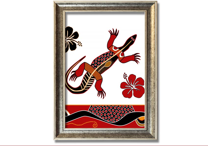 Framed Aboriginal Lizard 1 print showcasing vibrant colors and intricate designs, ready to hang.