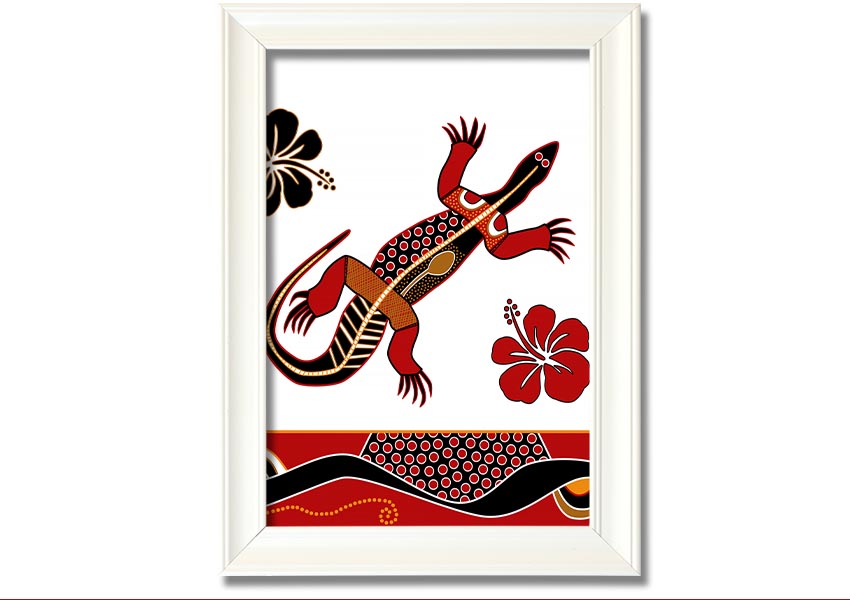 Framed Aboriginal Lizard 1 print showcasing vibrant colors and intricate designs, ready to hang.