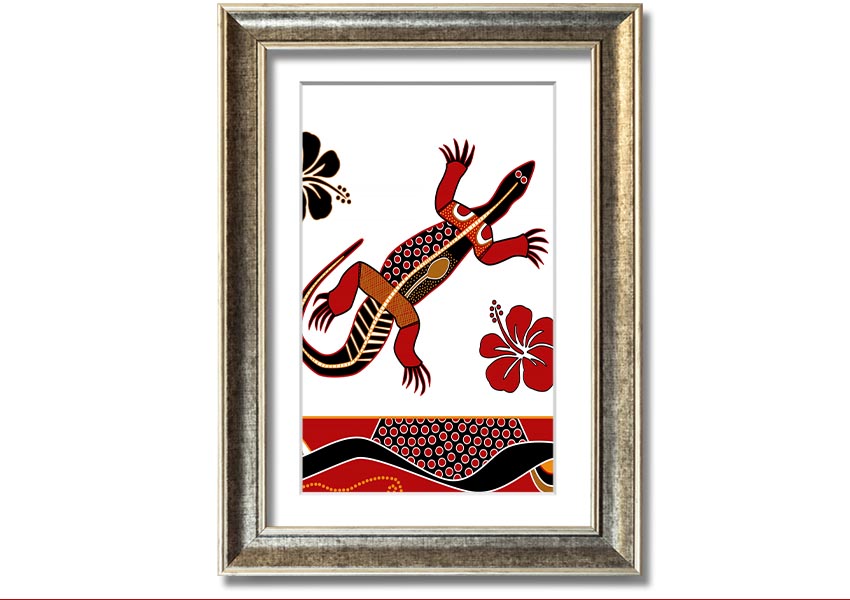 Framed Aboriginal Lizard 1 print showcasing vibrant colors and intricate designs, ready to hang.