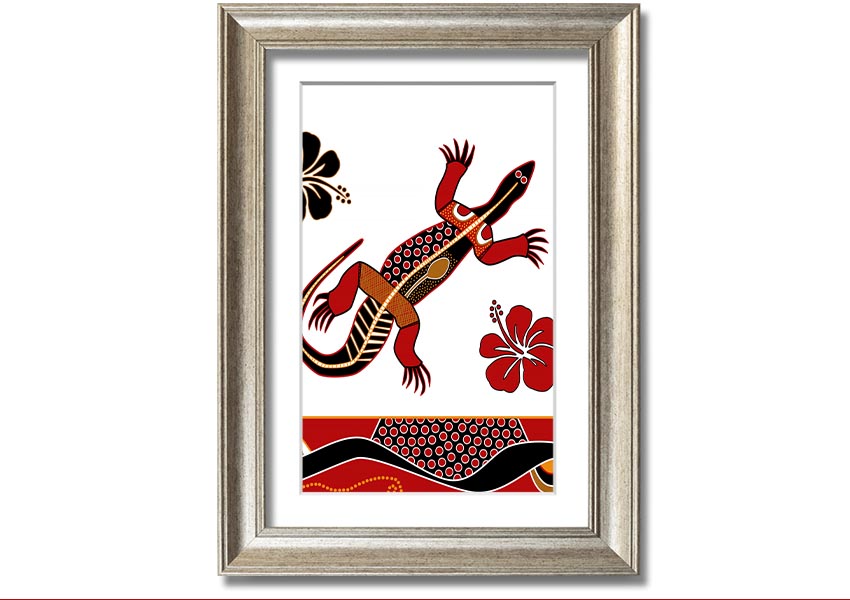 Framed Aboriginal Lizard 1 print showcasing vibrant colors and intricate designs, ready to hang.