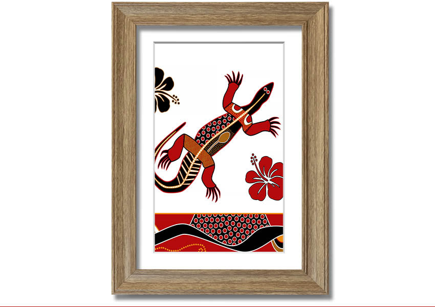 Framed Aboriginal Lizard 1 print showcasing vibrant colors and intricate designs, ready to hang.