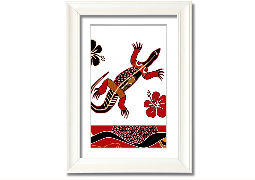 Framed Aboriginal Lizard 1 print showcasing vibrant colors and intricate designs, ready to hang.