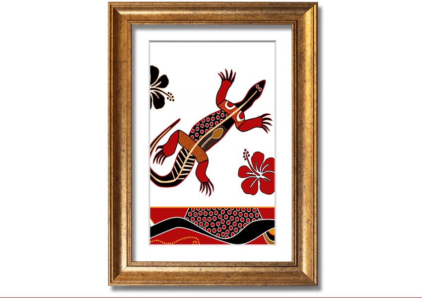 Framed Aboriginal Lizard 1 print showcasing vibrant colors and intricate designs, ready to hang.