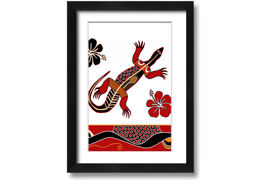 Framed Aboriginal Lizard 1 print showcasing vibrant colors and intricate designs, ready to hang.