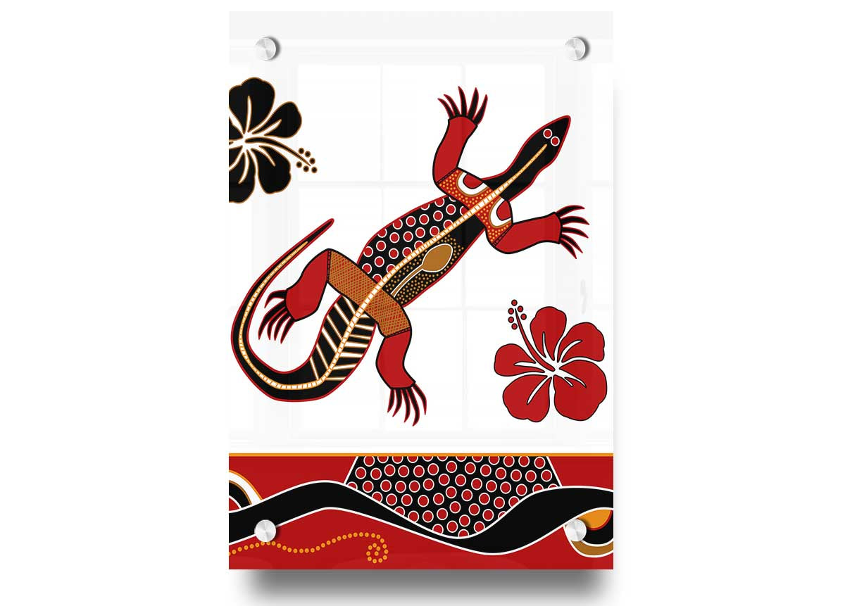 Acrylic print of Aboriginal Lizard 1, showcasing vibrant colors and intricate design on 5mm thick acrylic glass.