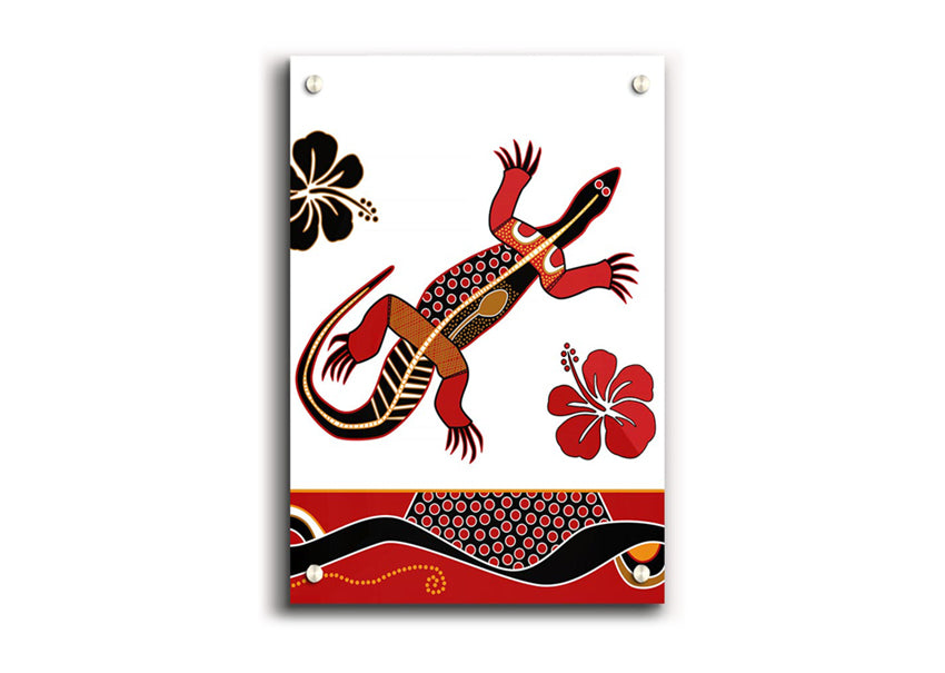 Acrylic print of Aboriginal Lizard 1, showcasing vibrant colors and intricate design on 5mm thick acrylic glass.