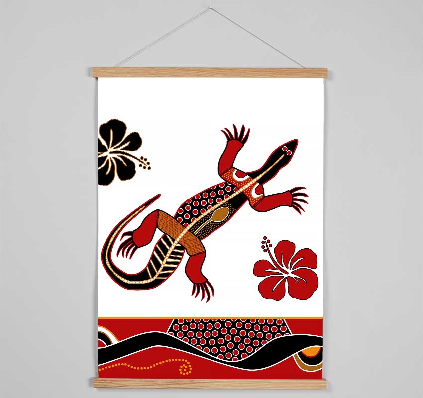 Aboriginal Lizard 1 wooden poster hangers in black, white, and natural oak, showcasing a sleek design with magnetic fastening.