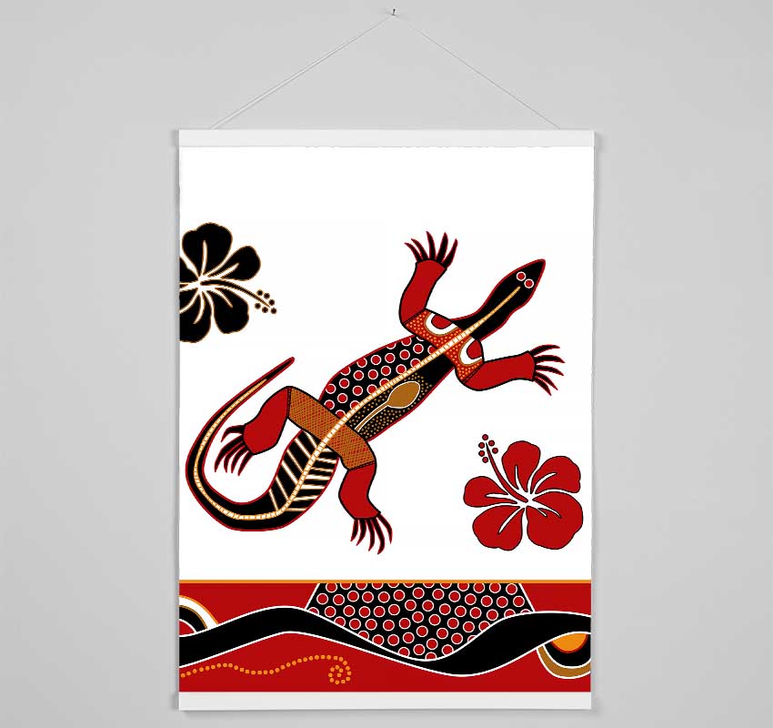 Aboriginal Lizard 1 wooden poster hangers in black, white, and natural oak, showcasing a sleek design with magnetic fastening.