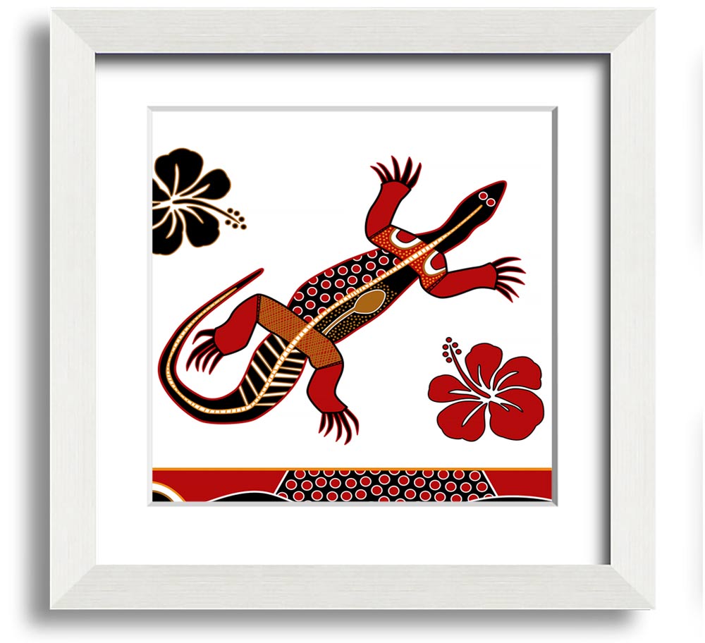 Aboriginal Lizard 1 Square Framed Print showcasing vibrant colors and intricate designs, ready to hang.