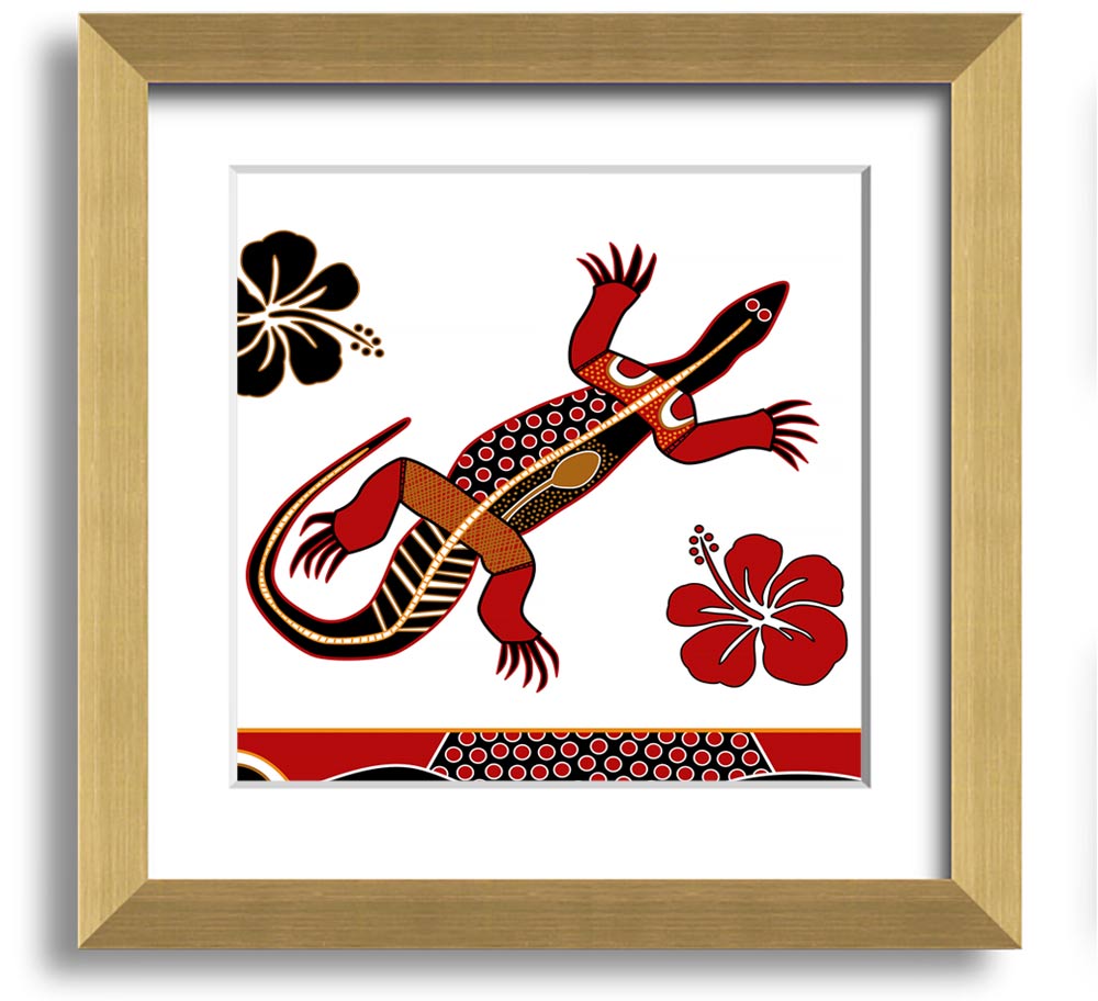 Aboriginal Lizard 1 Square Framed Print showcasing vibrant colors and intricate designs, ready to hang.