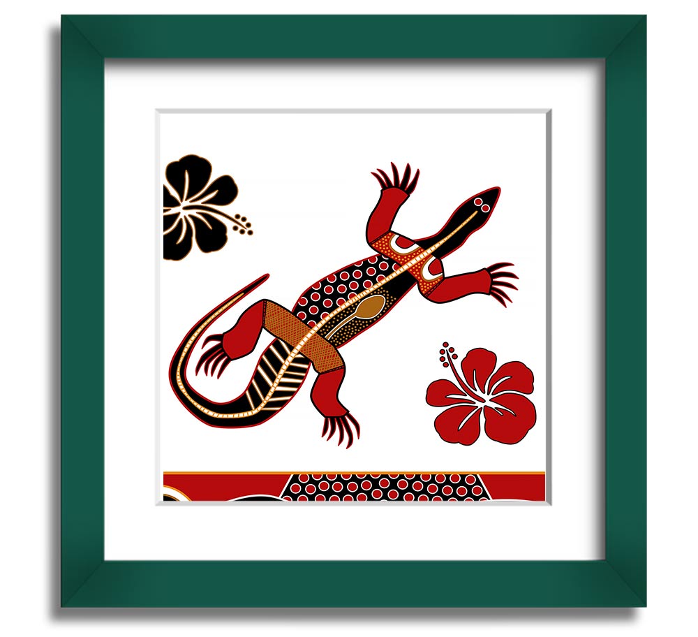 Aboriginal Lizard 1 Square Framed Print showcasing vibrant colors and intricate designs, ready to hang.