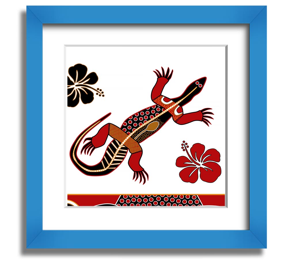 Aboriginal Lizard 1 Square Framed Print showcasing vibrant colors and intricate designs, ready to hang.