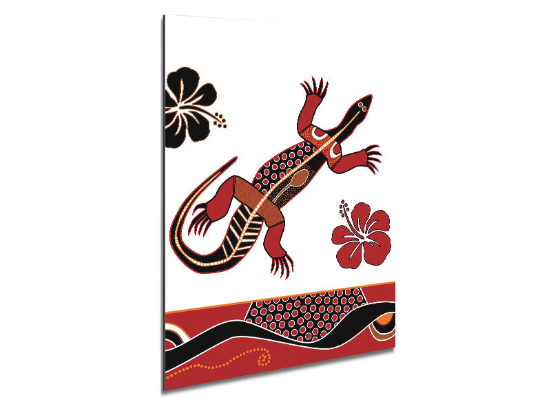 Aboriginal Lizard 1 artwork printed on brushed aluminium dibond, showcasing vibrant colors and intricate design.