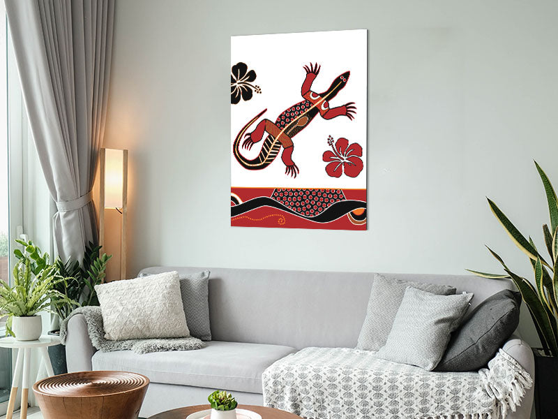 Aboriginal Lizard 1 artwork printed on brushed aluminium dibond, showcasing vibrant colors and intricate design.