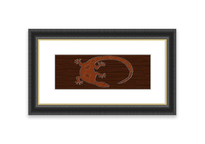 Framed Aboriginal Lizard 2 print showcasing intricate designs and vibrant colors, ready to hang.