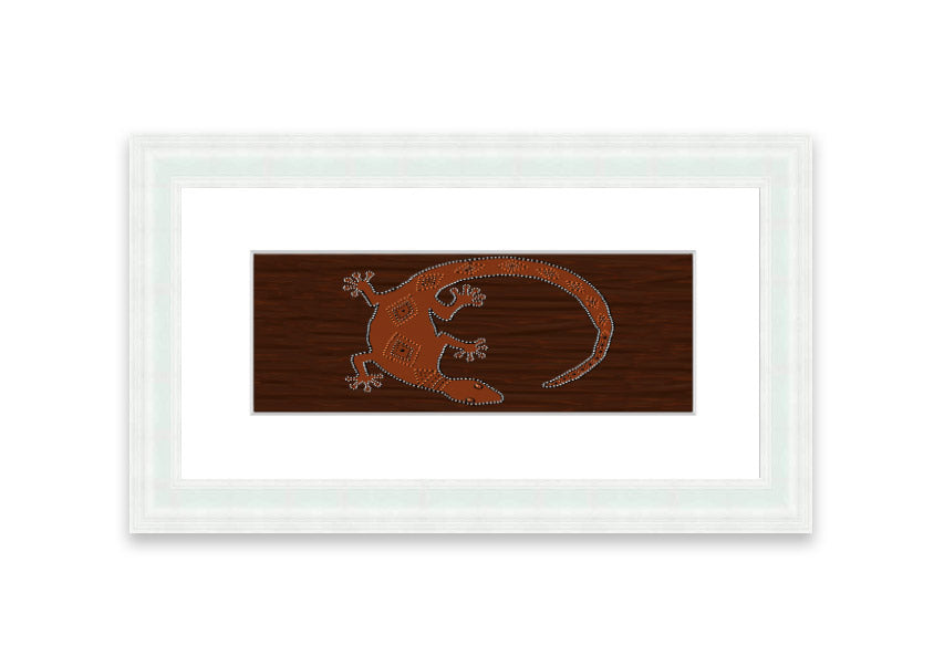 Framed Aboriginal Lizard 2 print showcasing intricate designs and vibrant colors, ready to hang.