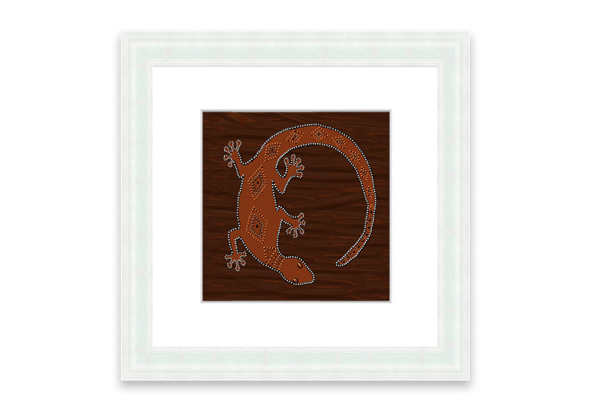 Framed Aboriginal Lizard 2 print showcasing intricate designs and vibrant colors, ready to hang.