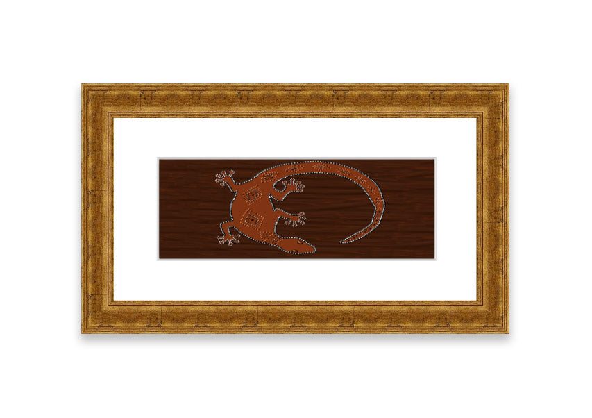 Framed Aboriginal Lizard 2 print showcasing intricate designs and vibrant colors, ready to hang.