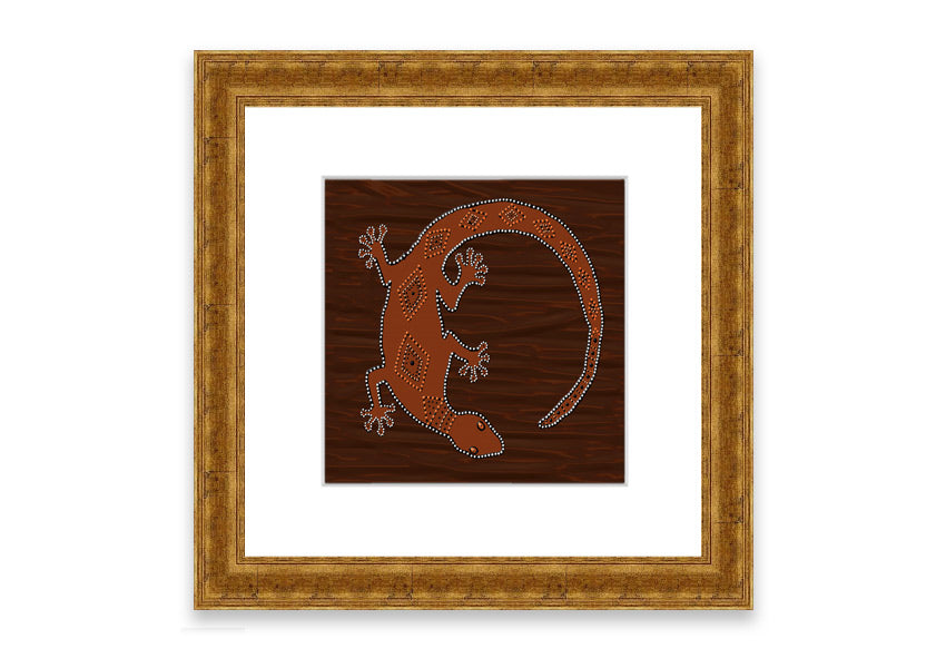 Framed Aboriginal Lizard 2 print showcasing intricate designs and vibrant colors, ready to hang.