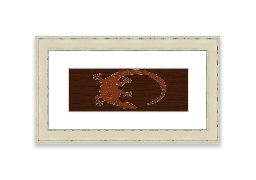 Framed Aboriginal Lizard 2 print showcasing intricate designs and vibrant colors, ready to hang.