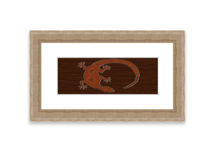 Framed Aboriginal Lizard 2 print showcasing intricate designs and vibrant colors, ready to hang.