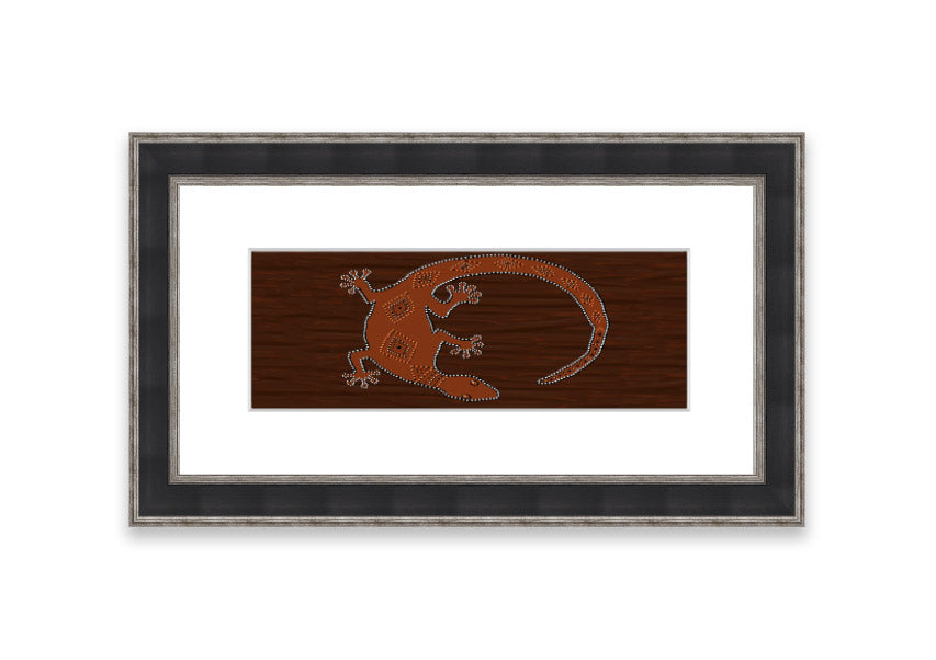 Framed Aboriginal Lizard 2 print showcasing intricate designs and vibrant colors, ready to hang.