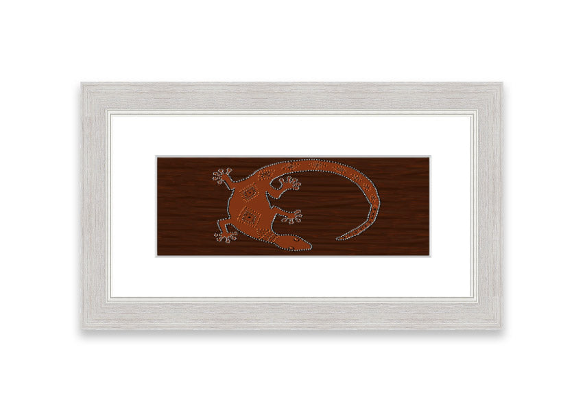 Framed Aboriginal Lizard 2 print showcasing intricate designs and vibrant colors, ready to hang.