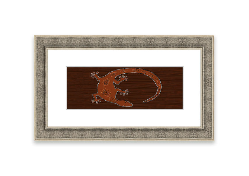 Framed Aboriginal Lizard 2 print showcasing intricate designs and vibrant colors, ready to hang.