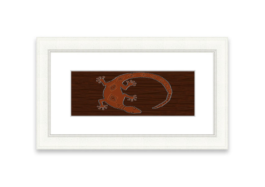 Framed Aboriginal Lizard 2 print showcasing intricate designs and vibrant colors, ready to hang.