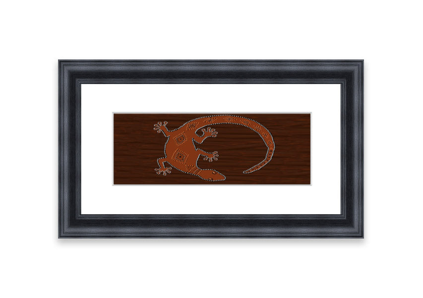 Framed Aboriginal Lizard 2 print showcasing intricate designs and vibrant colors, ready to hang.