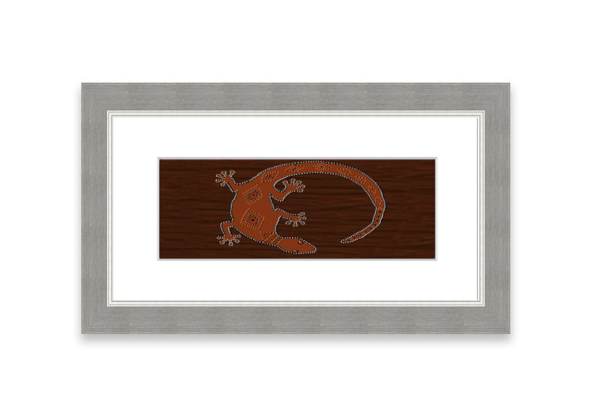 Framed Aboriginal Lizard 2 print showcasing intricate designs and vibrant colors, ready to hang.