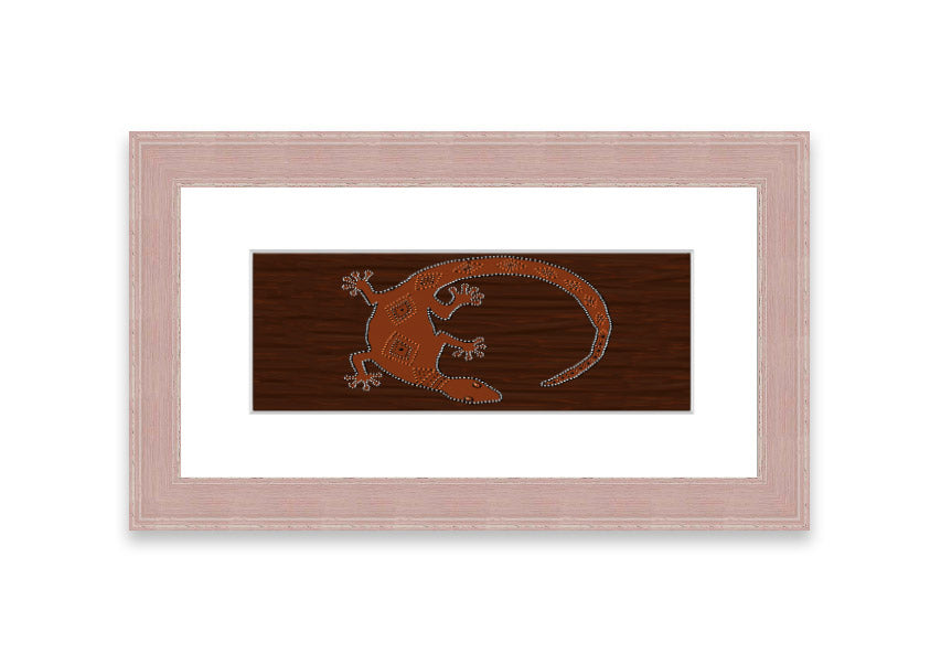 Framed Aboriginal Lizard 2 print showcasing intricate designs and vibrant colors, ready to hang.